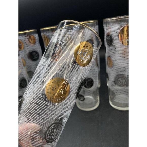 MCM Libbey 22k Gold Trim Coin Tom Collins 7” Highball Bar Glasses Set Of 8 - Picture 4 of 12